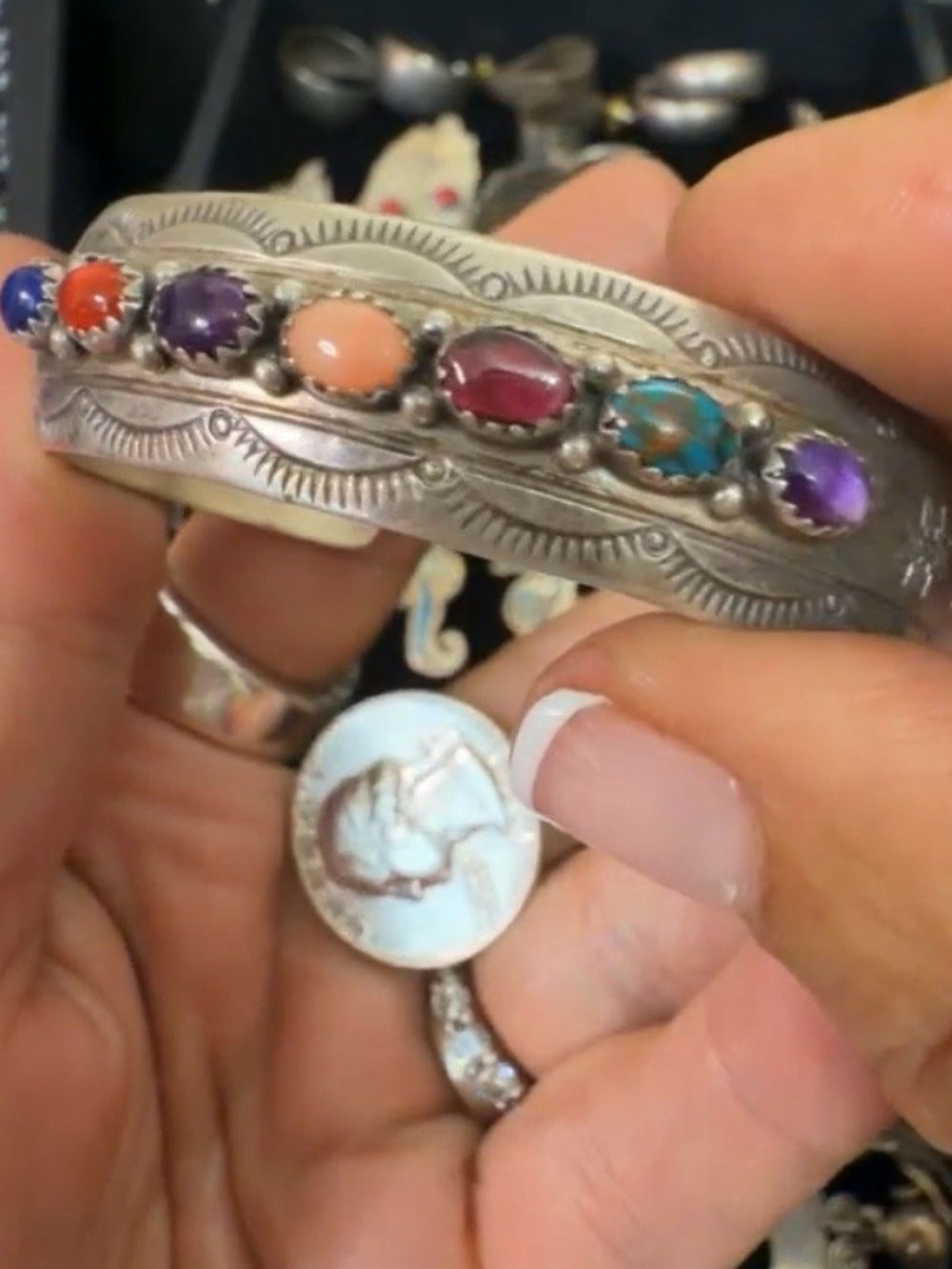 Multistone Sterling Silver Cuff Bracelet - Colorful Gem Accents Yazzie - Picture 6 of 16